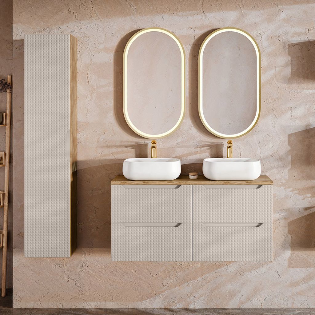 Badmöbel Set 4-teilig mit 120 cm Waschtisch, LONDON-56-BEIGE, in Eiche mit beige