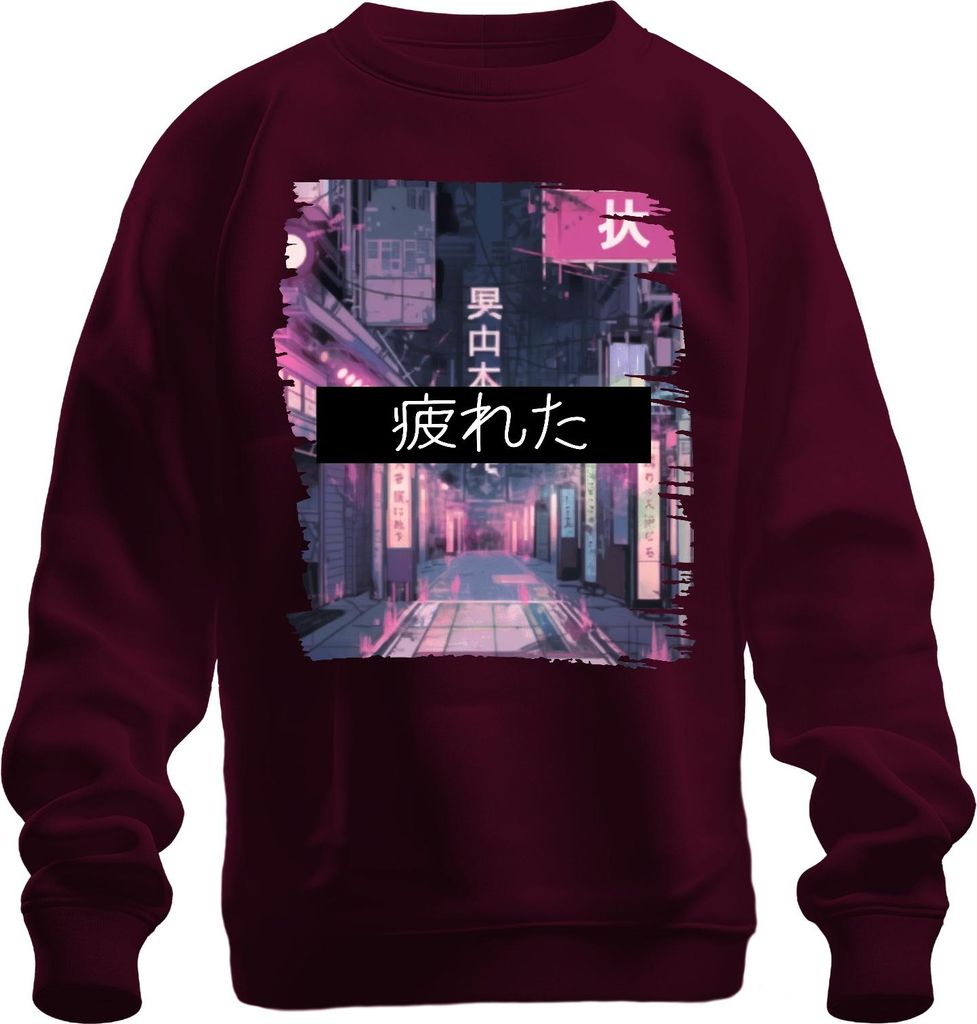 疲れた Japan Kanji Neon Cyberpunk Anime Ästhetik Tokio Retro Straße Uni Sweatshirt Pullover, Burgundy, S