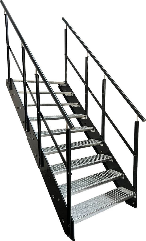 Stahl Wangentreppe Gitterroststufen 9 Stufen beidseitiges Geländer - Verzinkt & Anthrazit pulverlackierten Seiten - (B x H x T) 120 x 171 x 177 cm