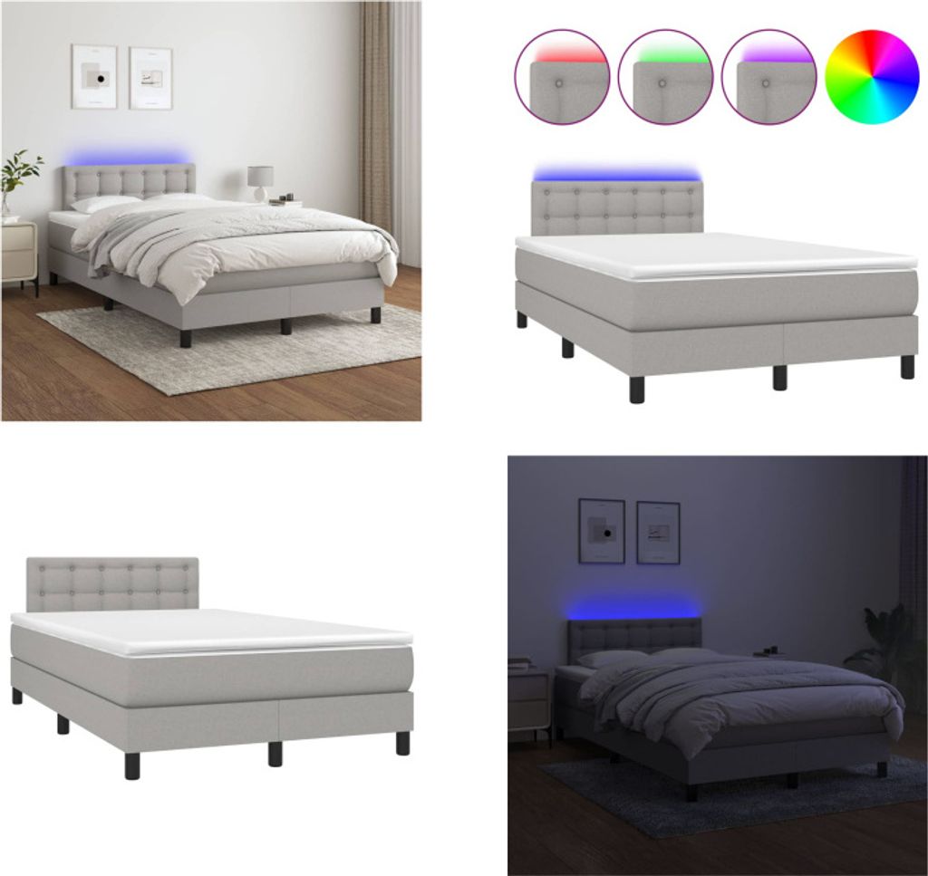vidaXL Boxspringbett mit Matratze & LED Hellgrau 120x200 cm Stoff - Boxspringbett - Boxspringbetten - Bett - Schlafzimmermöbel