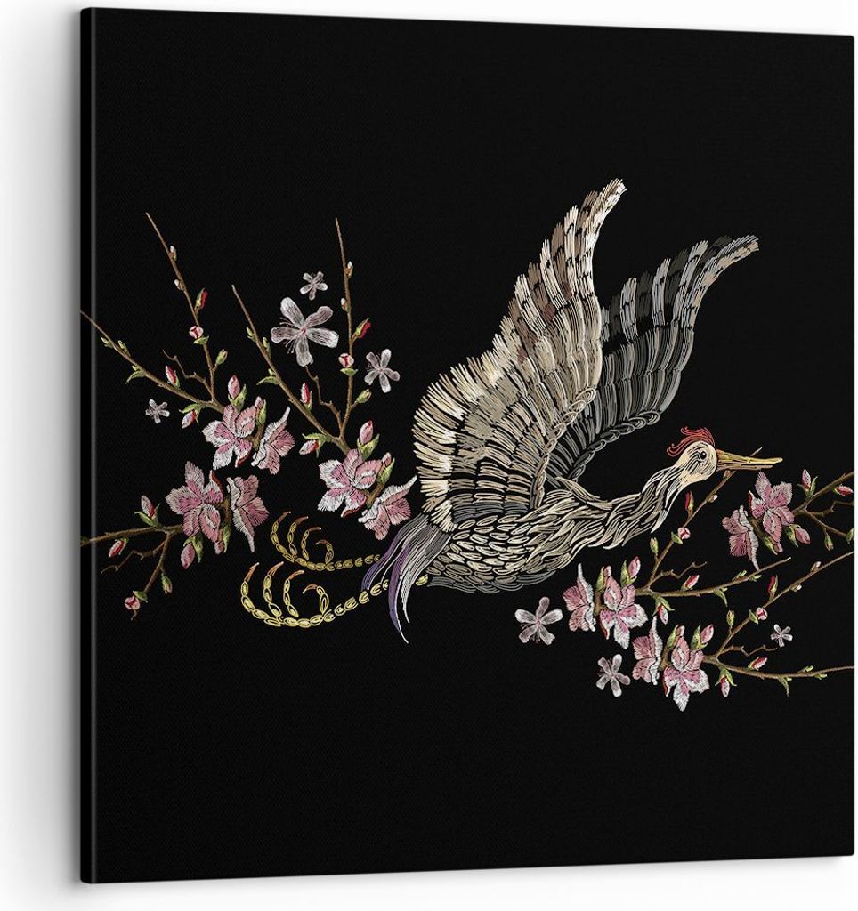 Bild auf Leinwand - Leinwandbild - Einteilig - Asiatisch Vogel Blumen - 60x60cm - Wand Bild - Wanddeko - Wandbilder - Leinwanddruck - Bilder - Wand...