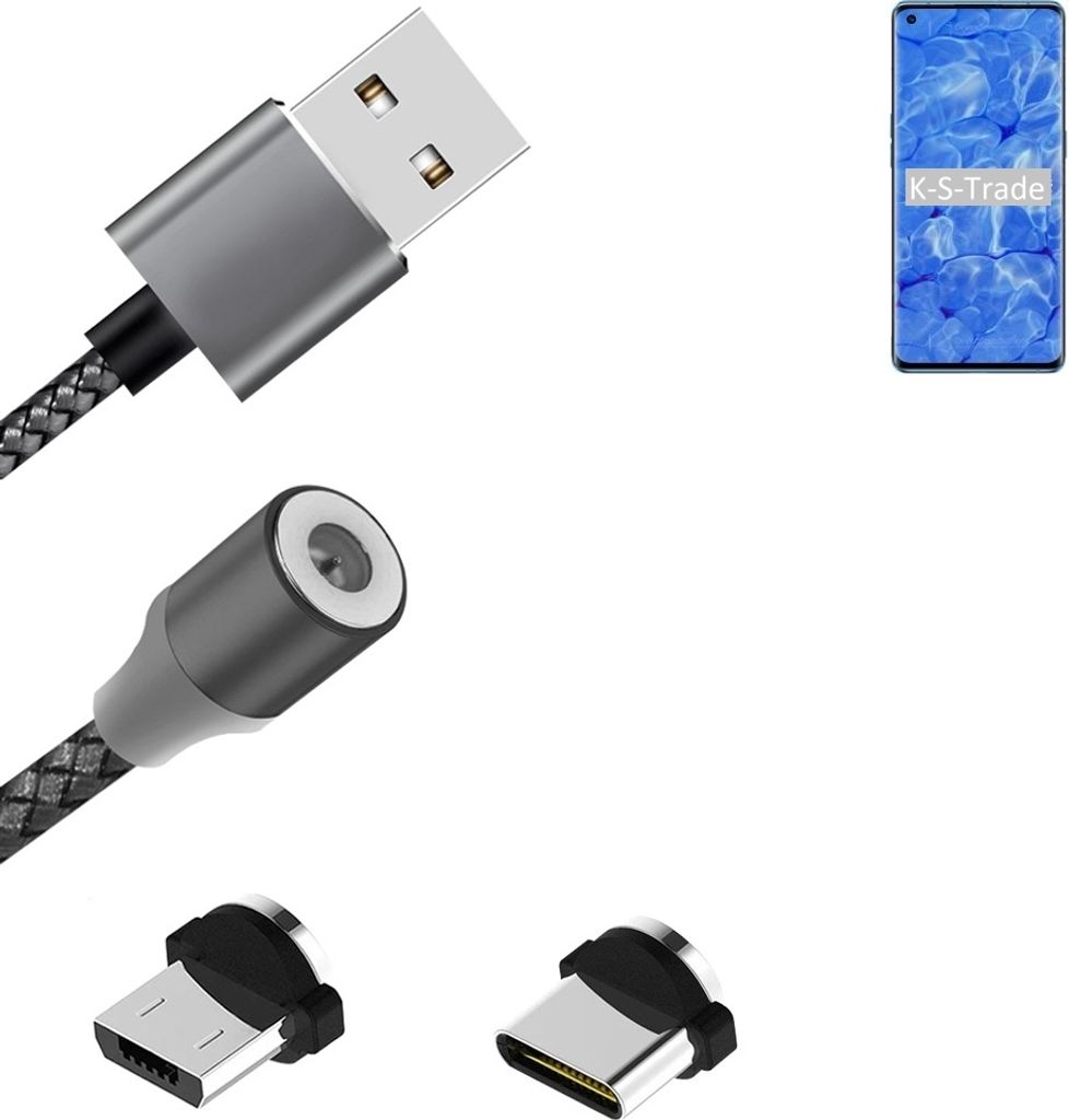 K-S-Trade Hochwertiges Magnet-Lade-kabel Sync-Kabel Daten-Kabel für Oppo Reno6 Pro 5G mit USB-Typ-C-Anschluss und Micro-USB-Anschluss 2A bis zu