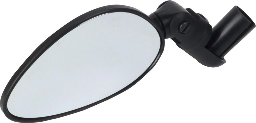 A black bicycle mirror with a black frame and a reflective surface, mounted on a black adjustable arm.