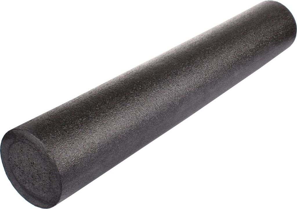 A black foam roller is shown against a white background.