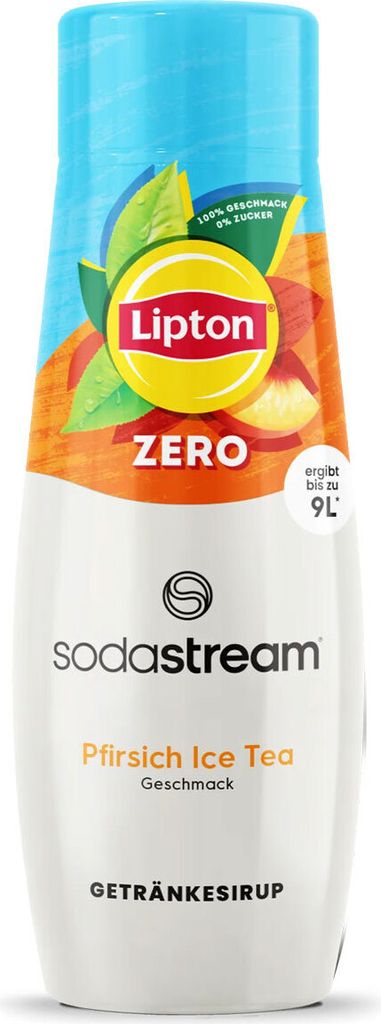 A bottle of Sodastream Lipton Peach Ice Tea Zero syrup.