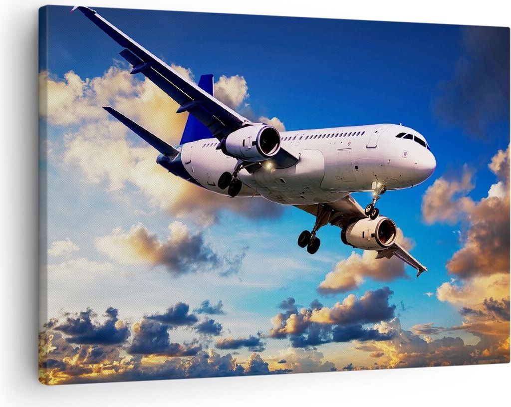 Bild auf Leinwand - Leinwandbild - Flugzeug Flug Reise Fahrzeug - 70x50cm - Wand Bild - Wanddeko - Leinwanddruck - Bilder - Kunstdruck - Wanddekora...
