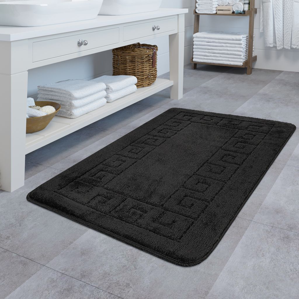 design badematte rutschfester badvorleger badezimmer teppich mit bordüre  schwarz größe 80x150 cm