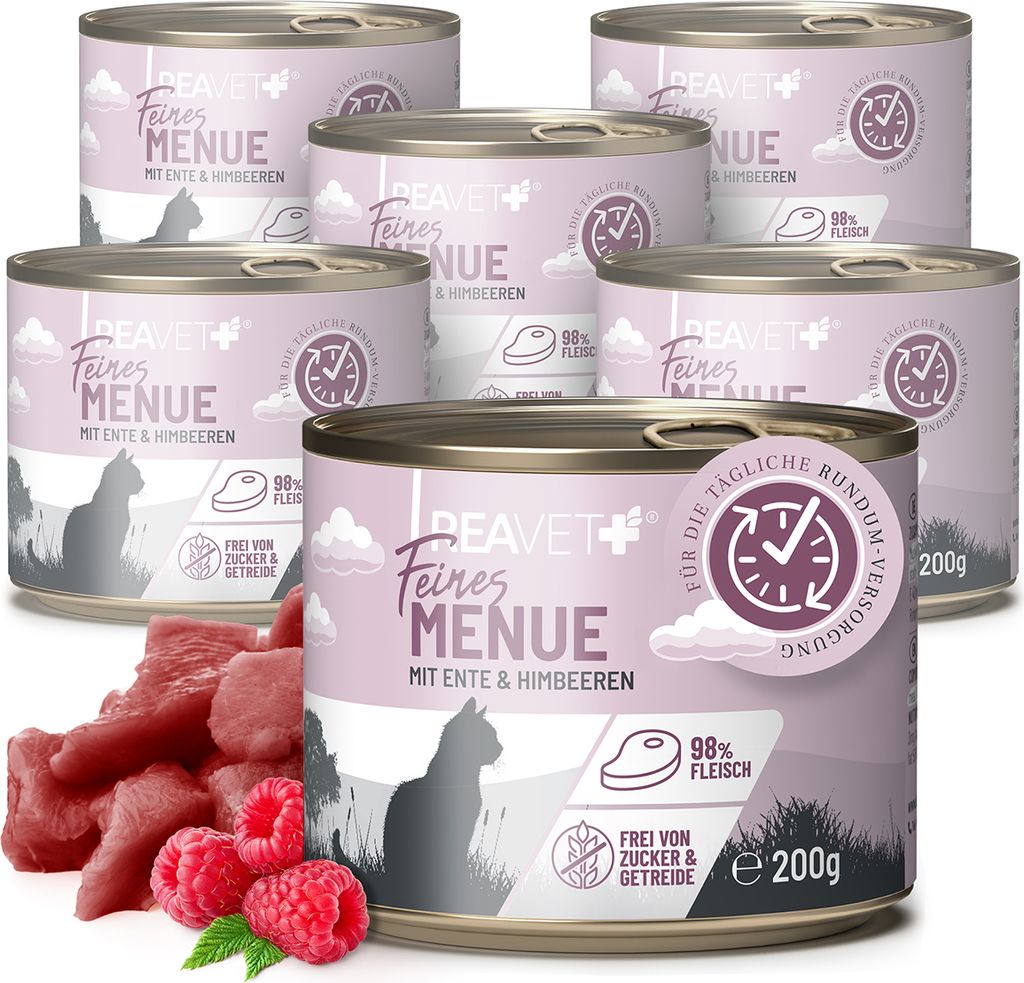 REAVET Premium Katzenfutter nass mit Ente & Himbeeren 6 x 200g I Getreidefrei aus hochwertigem Fleisch I Katzennassfutter ohne Zucker, Nassfutter f...