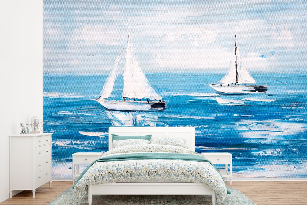 MuchoWow Fototapete für Wohnzimmer oder Schlafzimmer Wandtapete Vinyl Motivtapete Malerei - Ölfarbe - Boot - Wasser - 600x400 cm - Vinyltapeten