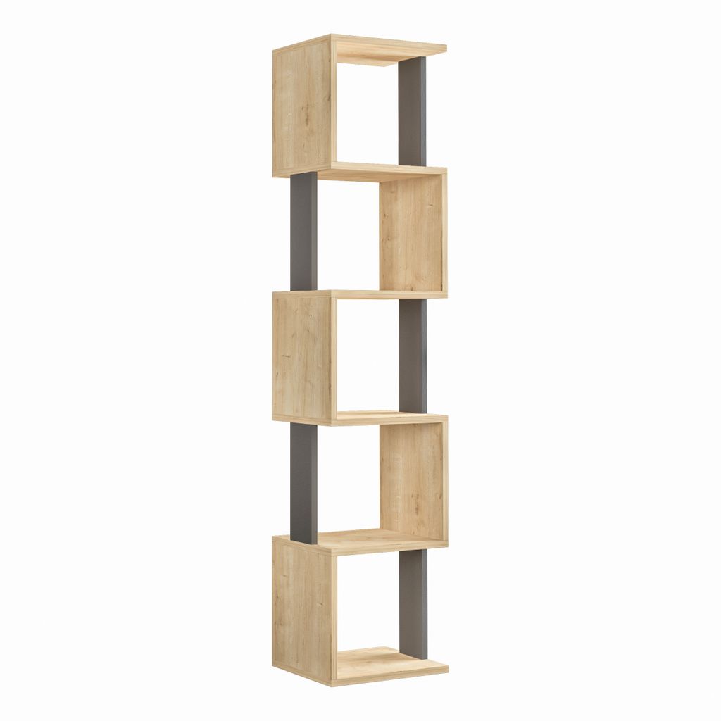 A tall, modern bookshelf with alternating wooden shelves and gray vertical supports, shown against a white background.