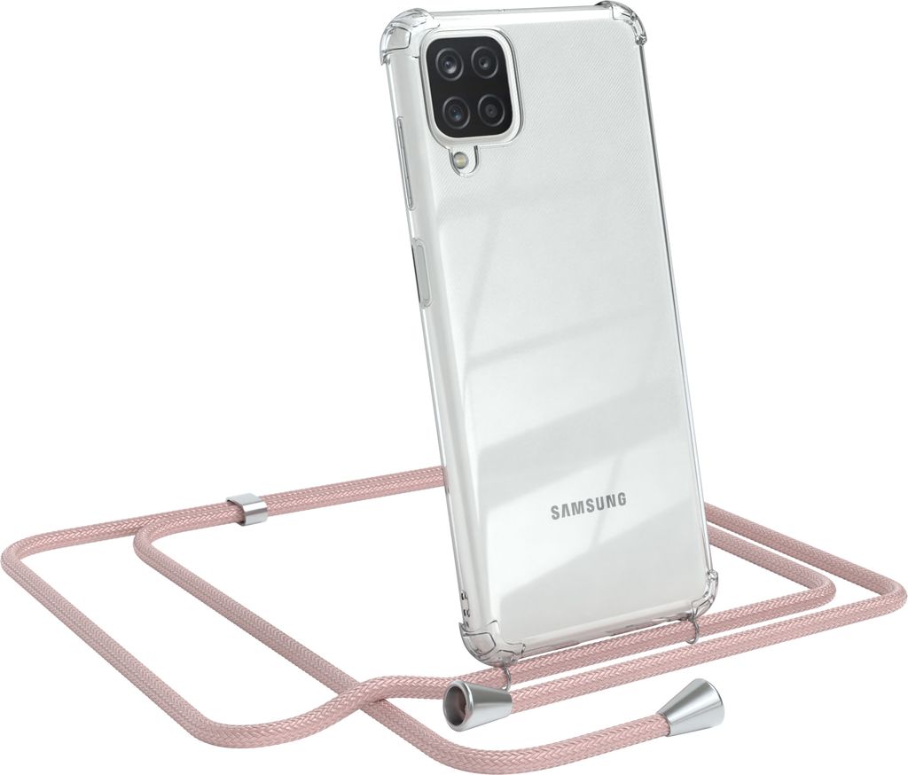 EAZY CASE Handykette kompatibel mit Samsung Galaxy A12, Handyhülle mit Umhängeband, Handykordel, Schutzhülle Clear, Band in Rosa