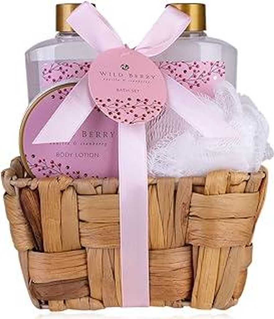 Duschset Geschenkset für Frauen WILD BERRY in Körbchen aus Seegras, Badeset Geschenk mit Duschgel, Schaumbad, Bodylotion und Netzschwamm, 4-Teili...