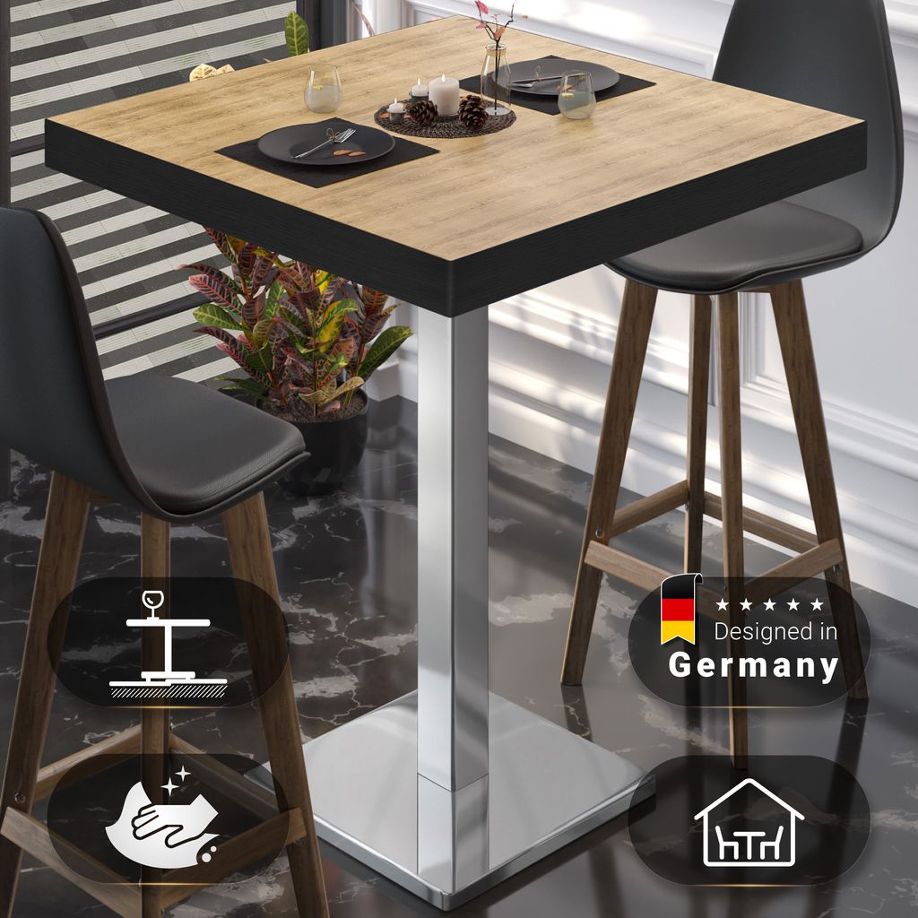 BM | Bistro Stehtisch | 60 x 60 x 110 cm | Quadratisch | Schwarzer Rand | Eiche / Edelstahl | Gastro Steh Tisch Restaurant