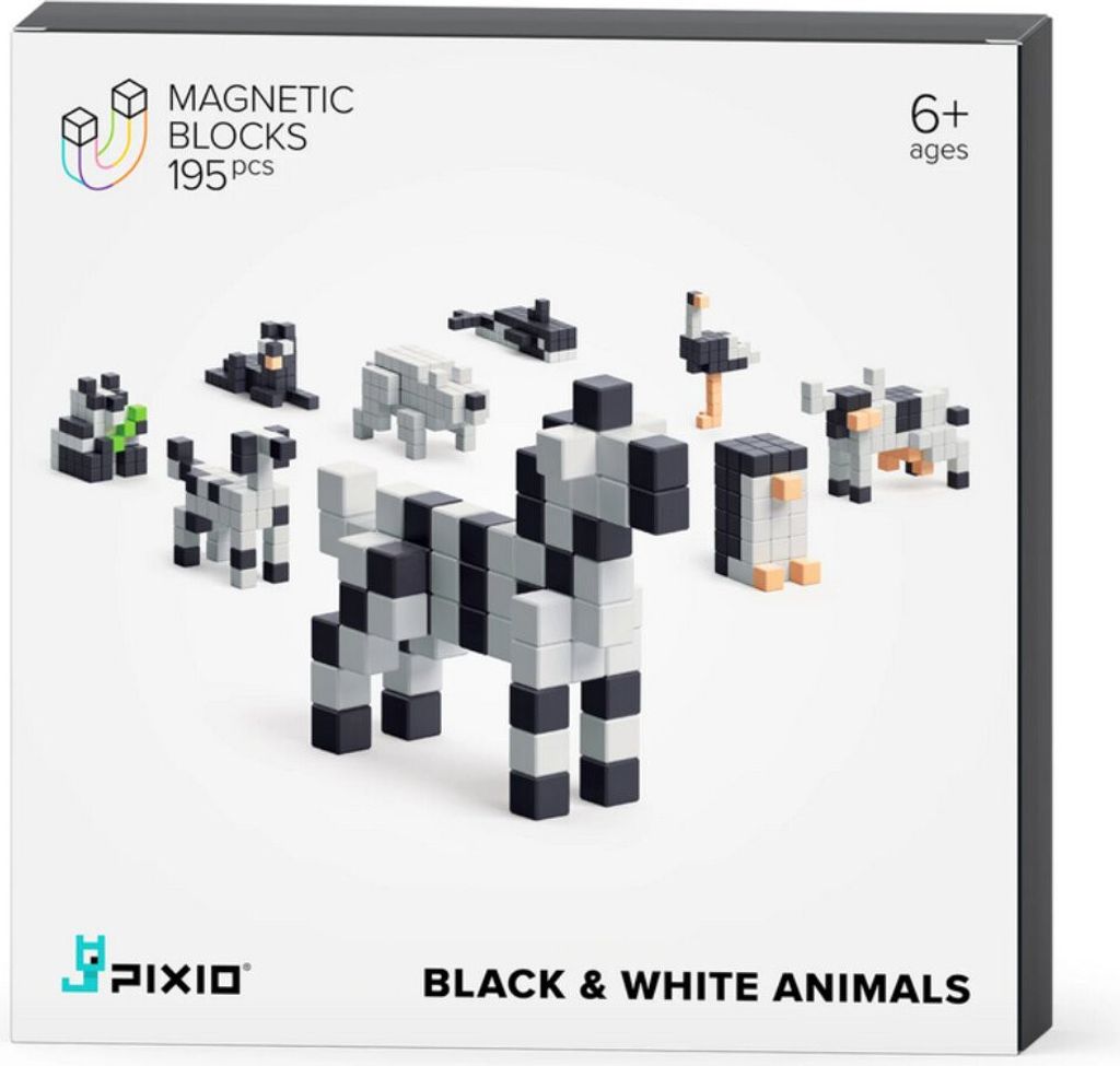 PIXIO Black & White Animals - 195 Magnetische Bausteine Bauklötze | Magnet Spielzeug Kinder Pixel