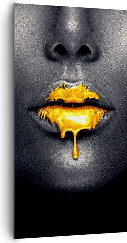 Bild auf Leinwand - Leinwandbild - Einteilig - Gold Mund Schwarz - 65x120cm - Wand Bild - Wanddeko - Wandbilder - Leinwanddruck - Bilder - Wanddeko...