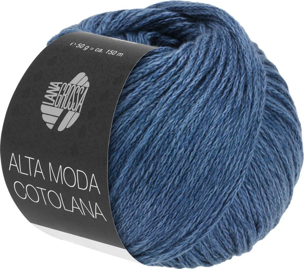 A ball of blue yarn with a black label.