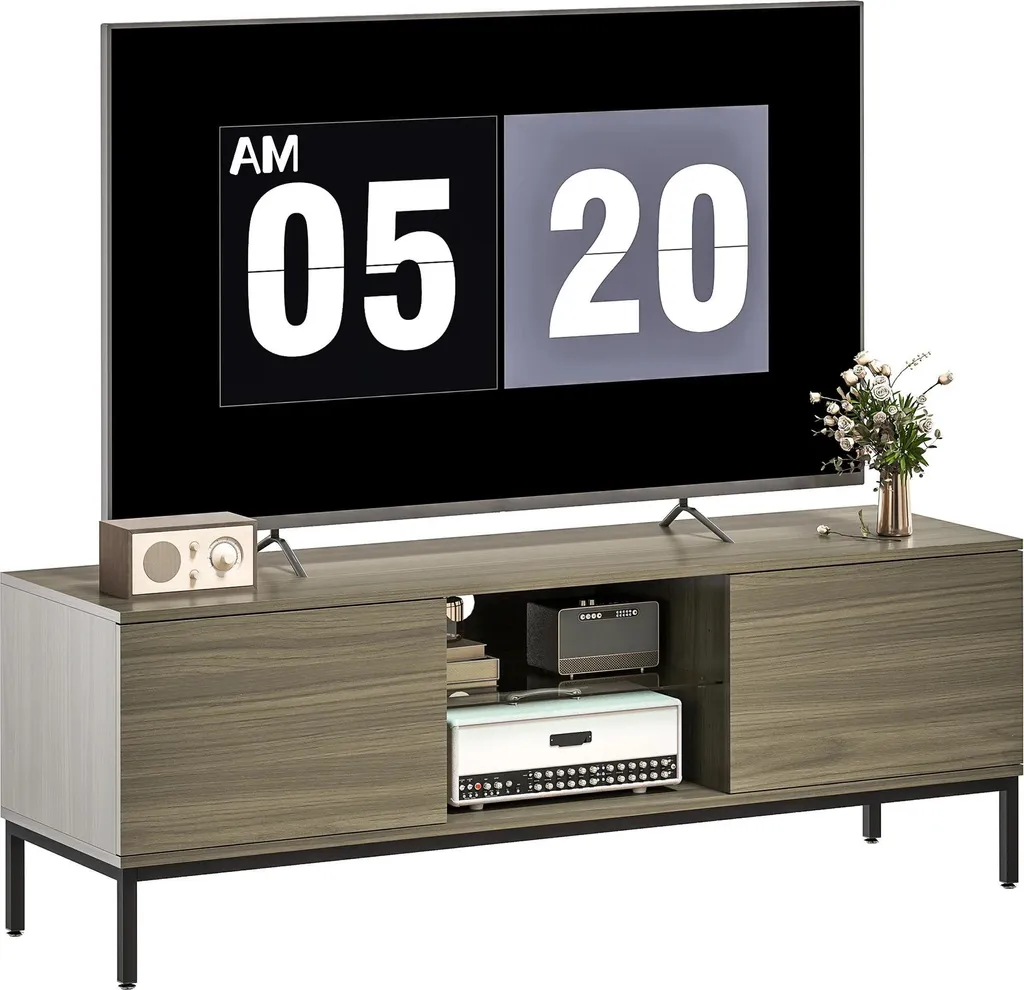 Buffet TV moderne gris 140cm pour écran 60 pouces avec tablettes en verre