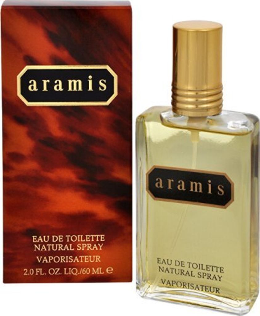 A bottle of Aramis Eau de Toilette and its packaging are shown against a white background.