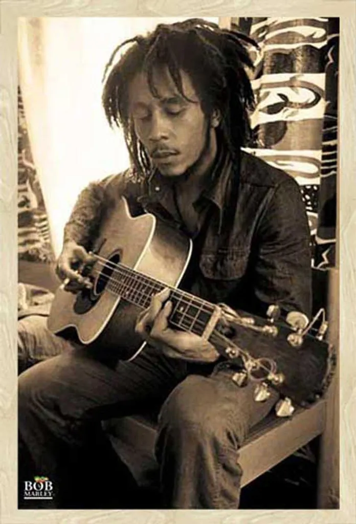Décoration Musique Bob Marley pour Salon, Poster Sépia et Cadre Chêne