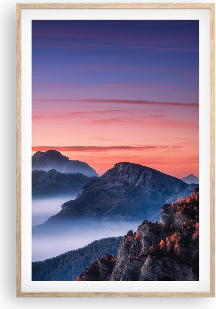 Gerahmtes Poster - Rahmen in heller Eiche - Westen Sonne Berge - 61x91,5 cm - Wand Bild - Wanddeko - Wandbilder - Kunstposter - Wandposter - Bilder...