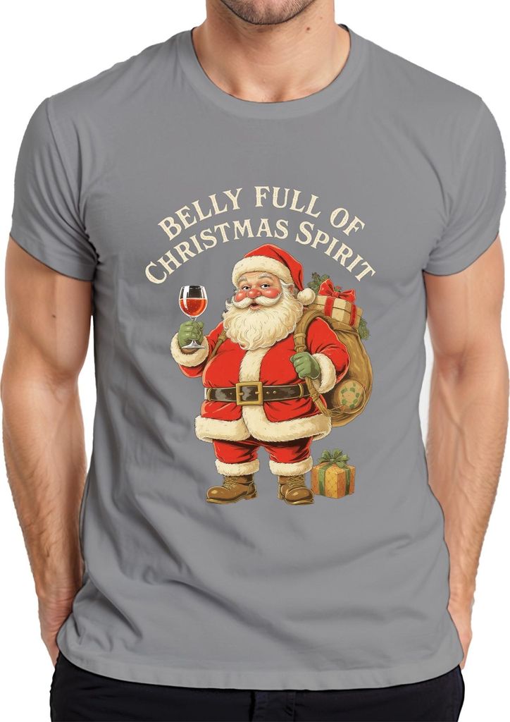 Belly Full Of Christmas Spirit Weihnachtsmann Santa Wein Lustig Herren T-Shirt, Grau, XL