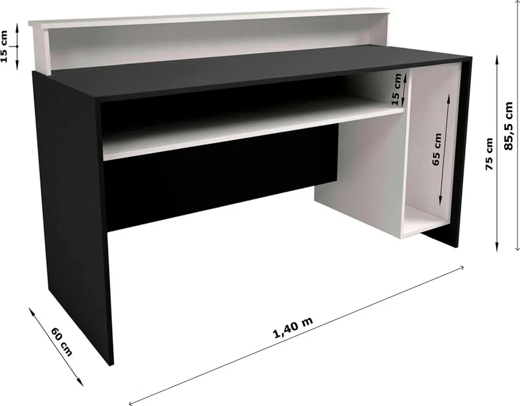 Table de bureau gamer 140 cm Beri blanc et noir pour setup informatique