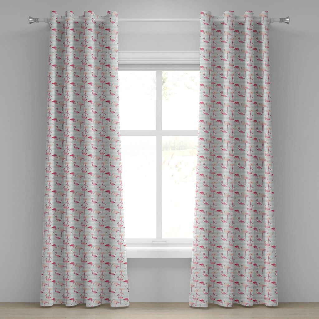 ABAKUHAUS Flamingo Ösenvorhang, Horizontaler gestreifter Hintergrund mit Pastell farbigen Insel-Dschungel-Vögeln, Dekorative 2-Panel-Fenstervorh...