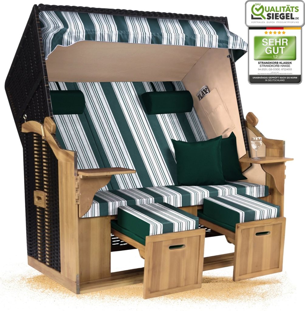 Strandkorb Ostsee 2,5-Sitzer 150cm breit in Schwarz Dunkelgrün Gestreift Montiert ideal für Balkon, Terrasse oder Garten