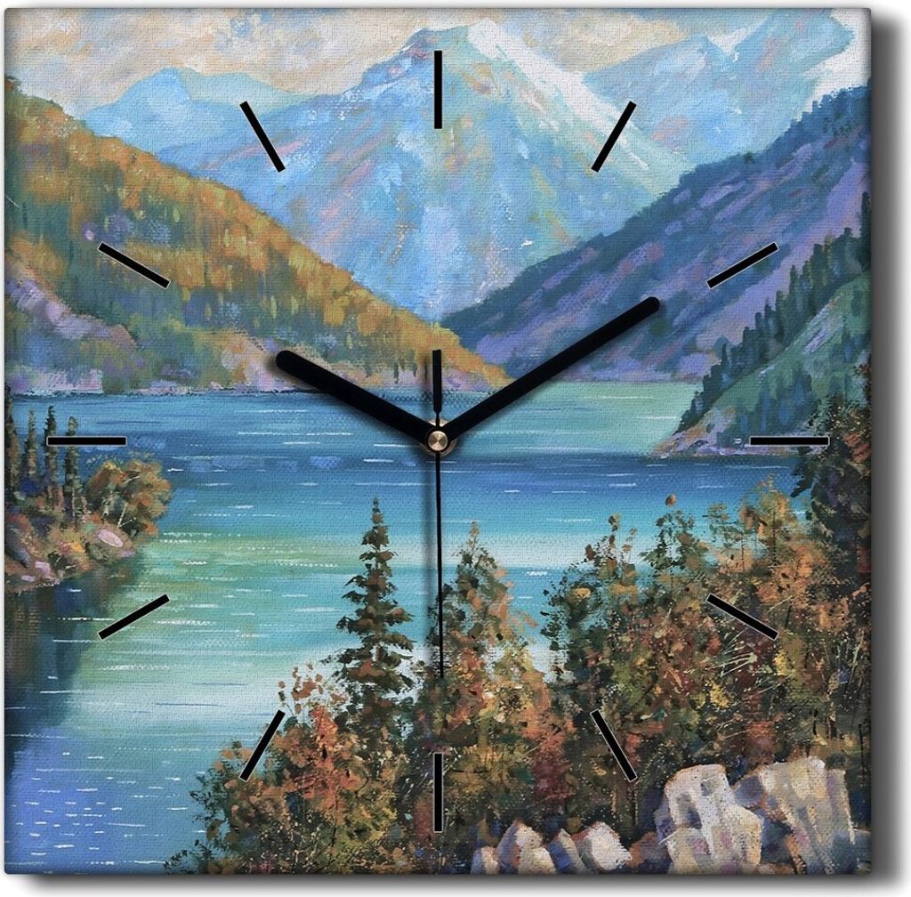 Coloray Hodiny Unikátní 30x30 cm Tiché hodiny Pro obývací pokoj a kuchyň Nástěnné hodiny Plátno Černé ručičky hodin - Malba viz hor