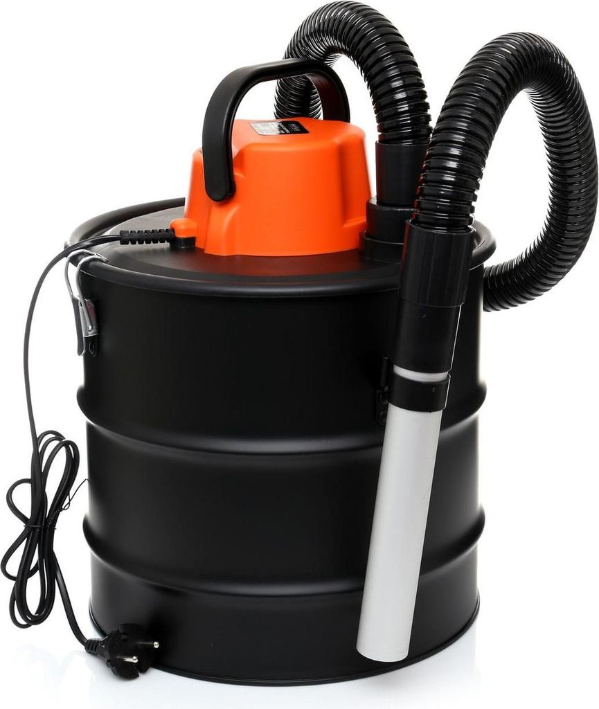 A black and orange ash vacuum cleaner is shown against a white background.
