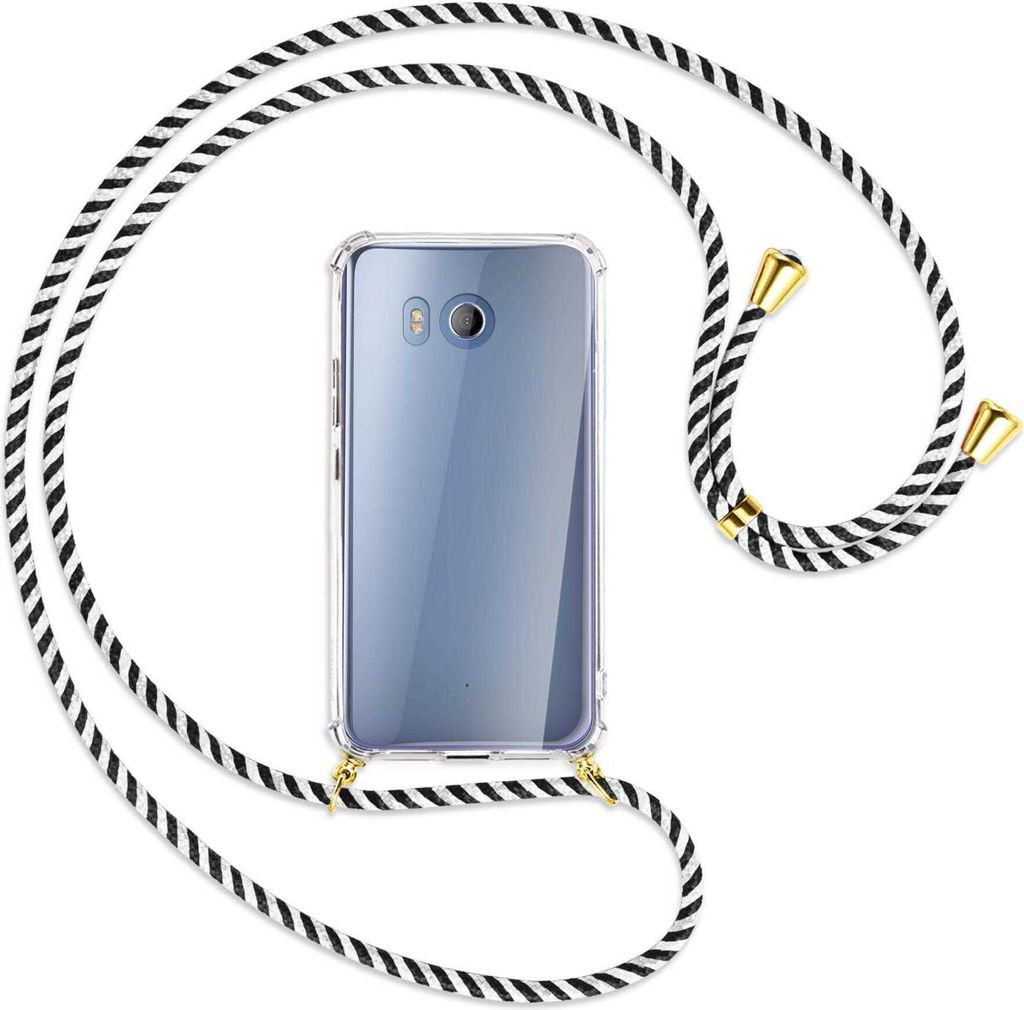 Handykette Backcover-Schutzhülle mit Band (Metall goldfarben) für HTC U11 - schwarz/weiß gestreift