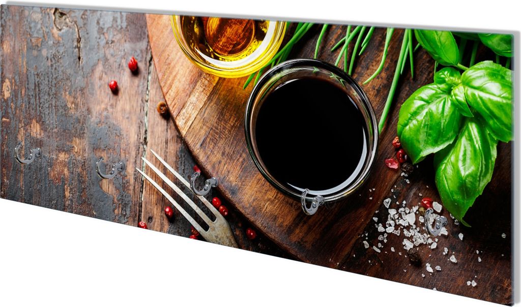 Wallario Flurgarderobe Wandgarderobe aus Glas, mit 5 Haken, Größe 80 x 30 cm, Motiv Kräuter, Öle und Gewürze auf einem Holzbrett