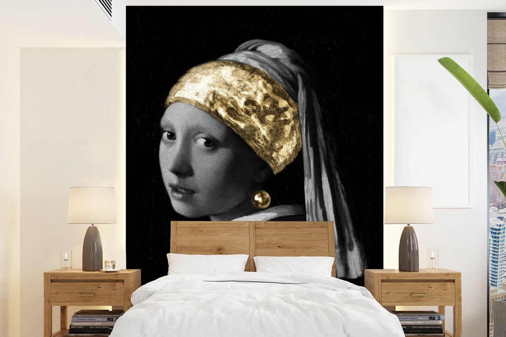 MuchoWow Fototapete für Wohnzimmer oder Schlafzimmer Wandtapete Vinyl Motivtapete Mädchen mit einem Perlenohrring - Vermeer - Gold - 205x280 cm...