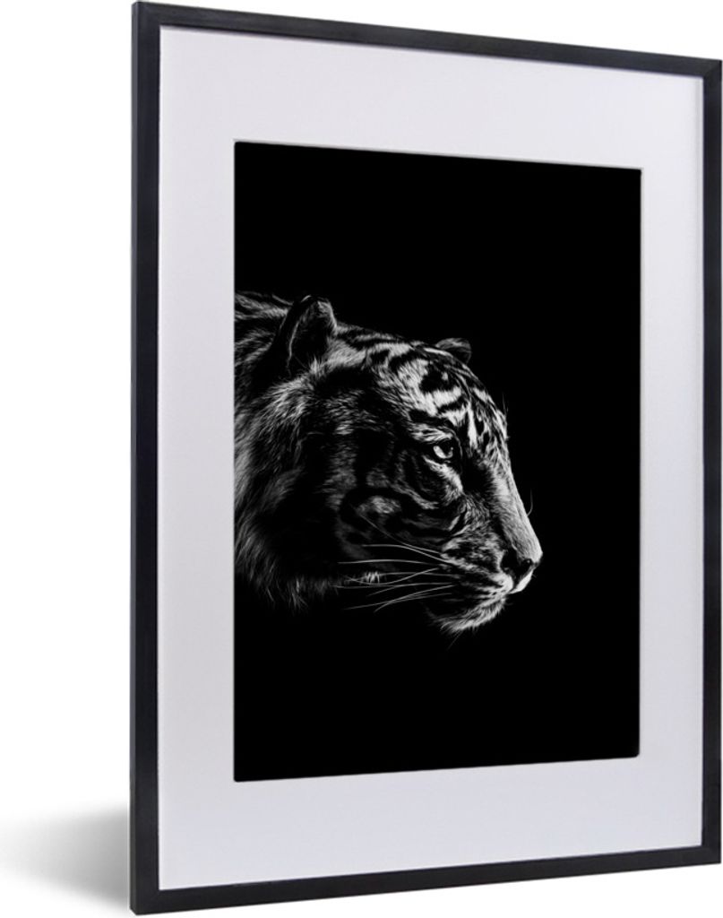 MuchoWow Gerahmtes Poster Kopf eines Tigers auf einem schwarzen Hintergrund - schwarz und weiß 30x40 cm - Poster mit Schwarzem Bilderrahmen Wand...