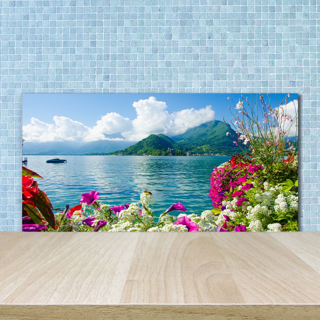 Tulup Küchenrückwand Spritzschutz aus Glas -100x50 -Spritzschutz auf gehärtetes GlasDeko Landschaften Blumen am See