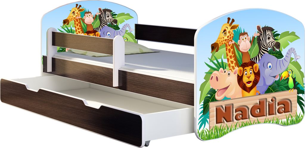 ACMA Jugendbett Kinderbett Junior-Bett Komplett-Set mit Matratze Lattenrost und Rausfallschutz Wenge 02 Animals Name 140x70 + Bettkasten