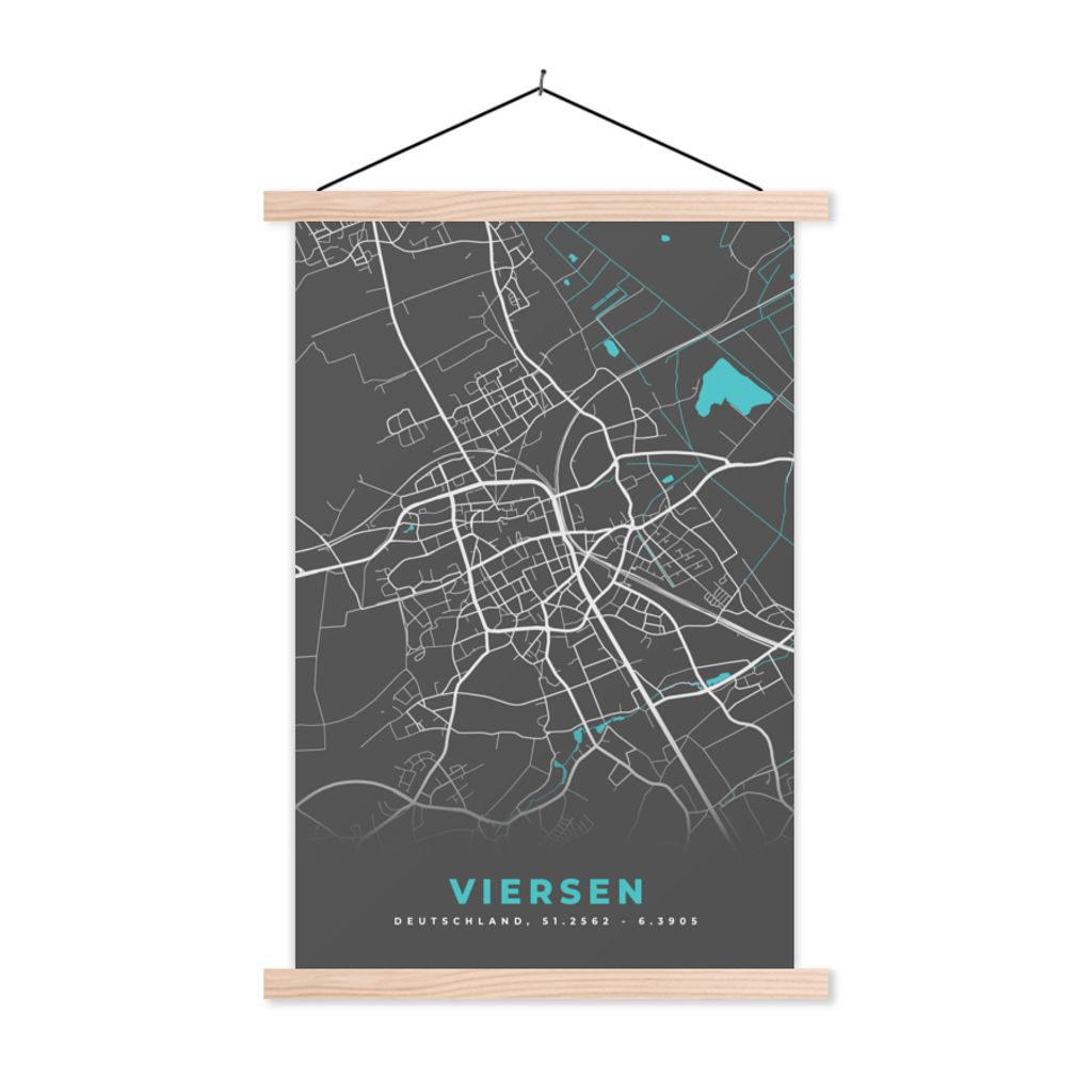MuchoWow Textilposter Stadtplan - Deutschland - Blau - Viersen - Karte 60x90 cm mit holzfarbenen Rahmen - Textil