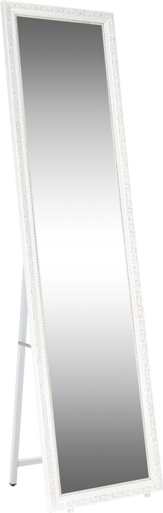 A full-length mirror with a white ornate frame and a white stand.