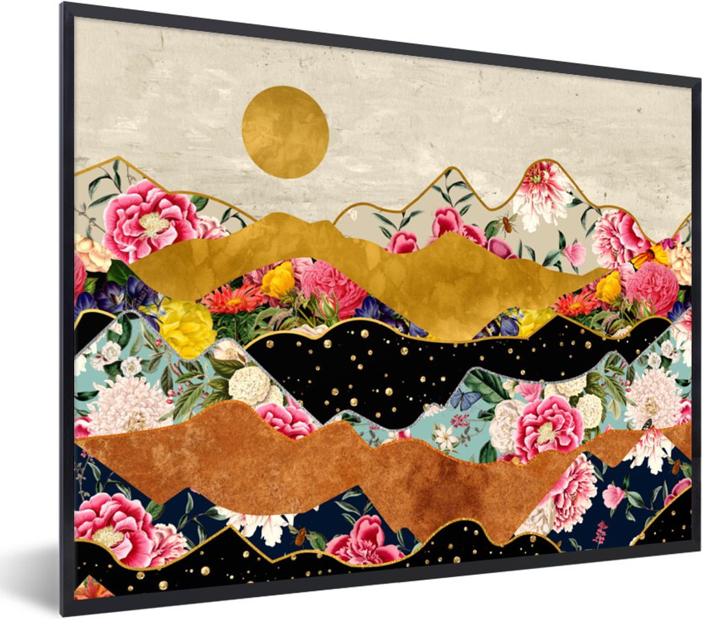 MuchoWow Gerahmtes Poster Gold - Blumen - Druck - Abstrakt - Landschaft - Muster 40x30 cm - Poster mit Schwarzem Bilderrahmen Wandposter Rahmen F...