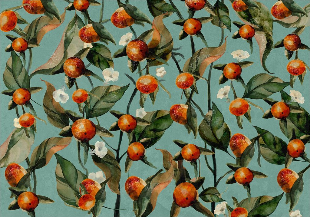 Vlies Fototapete Vintage 450x315 cm Tapeten Wandtapete XXL Obst Orange Blätter Blumen wie gemalt b-A-0700-a-a