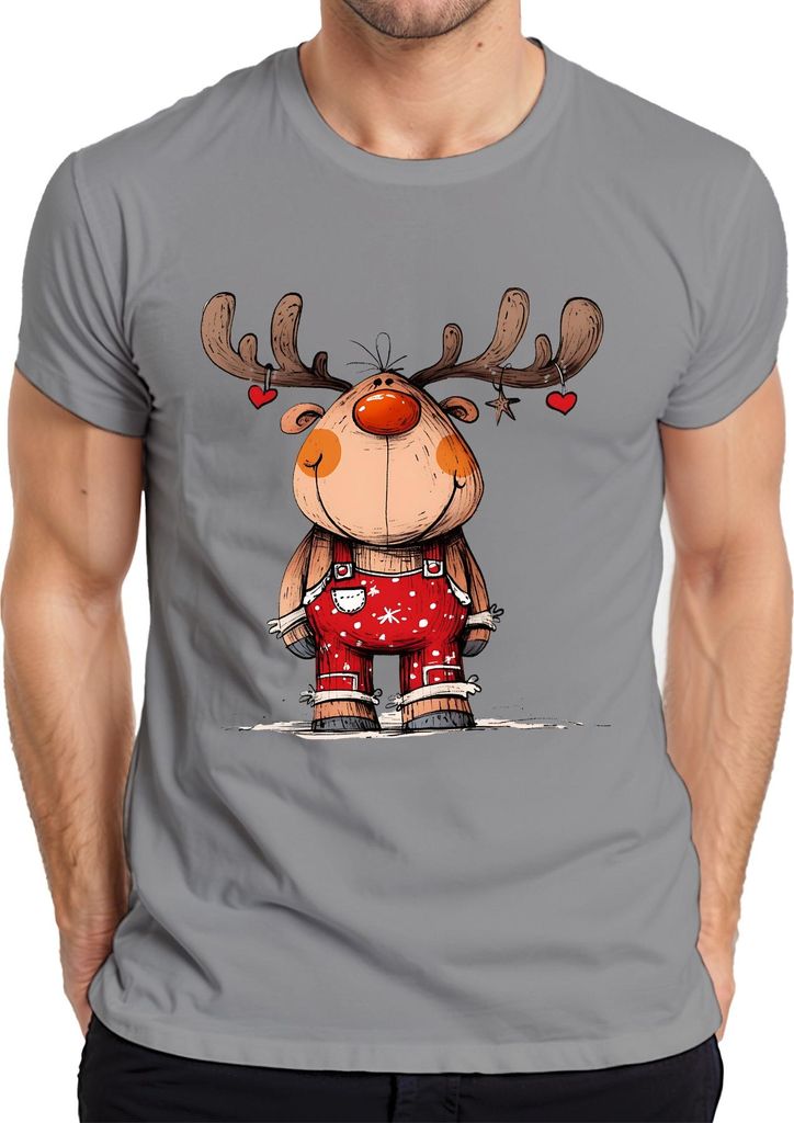 Niedliches Rentier Weihnachten rote Latzhose Herzen Geweih Kinder Herren T-Shirt, Grau, XL
