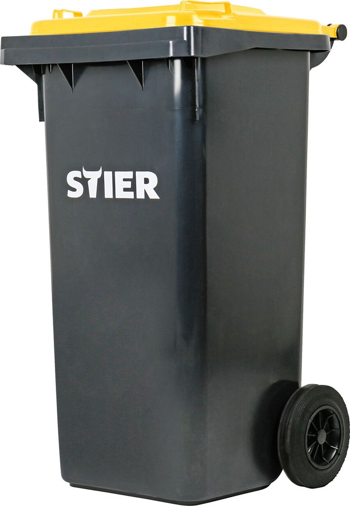 STIER 2-Rad-Müllgroßbehälter, Mülltonne, Volumen 120 Liter, Mülleimer, Tonne Grau, Deckel Gelb, Größe: 475 x 550 x 930 mm, Restmülltonne mi...