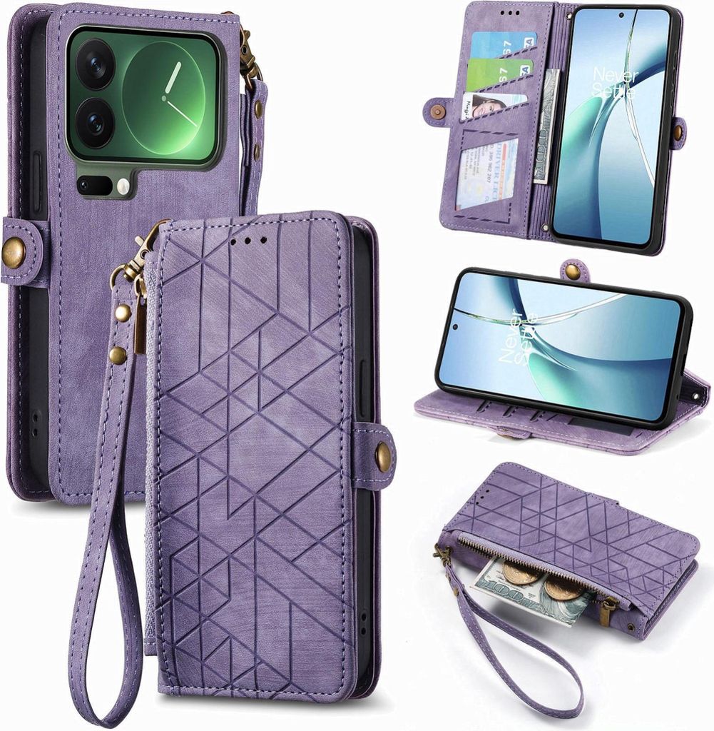 Für Xiaomi 17 Pro Geometric Kunstleder Zipper Book Wallet Hülle Tasche Lila