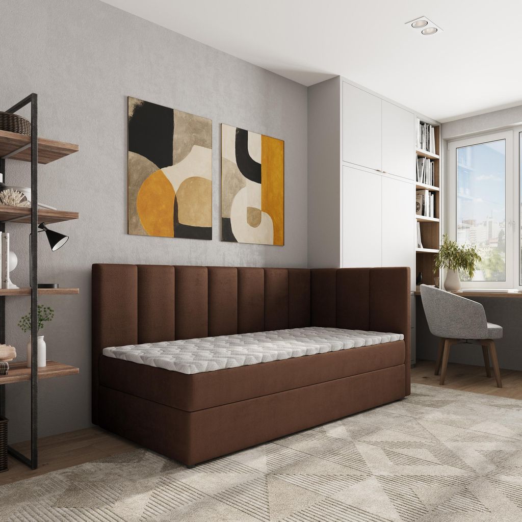 Masseno Boxspringbett BEVE 100x200 cm Komplett-Set mit Bonell Matratze und Topper, Polsterbett mit Bettkästen -Braun, KRONOS 06