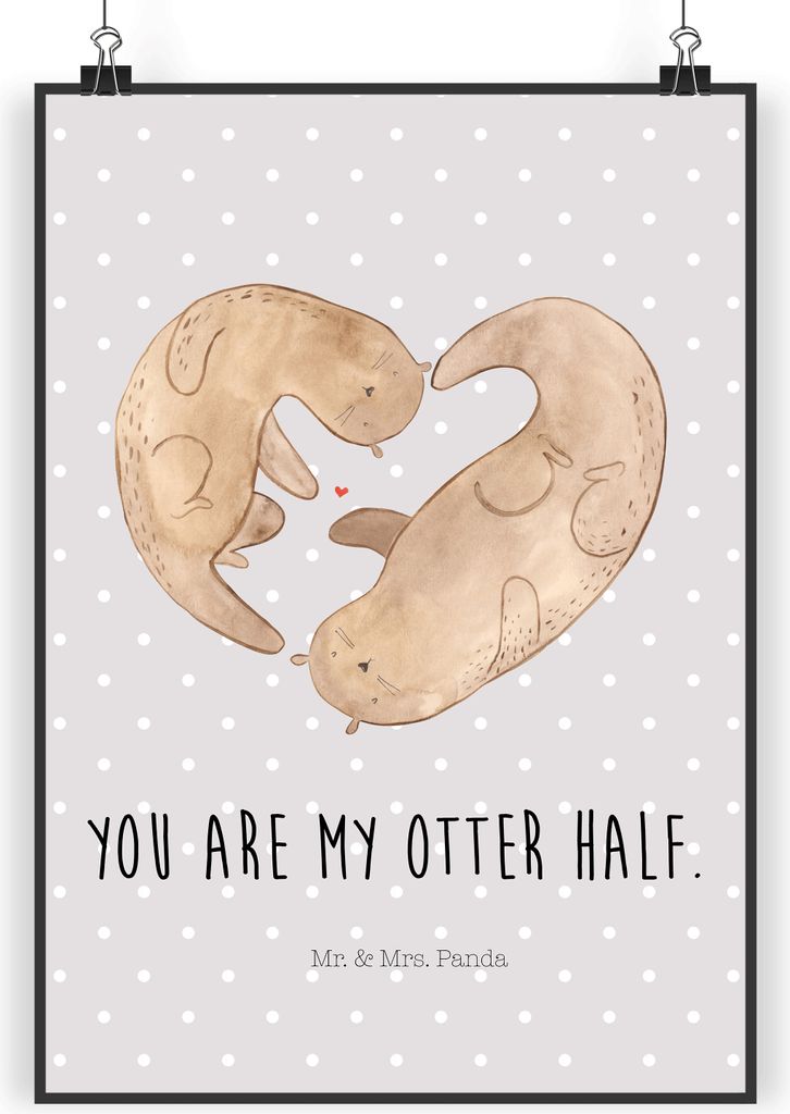 Mr. & Mrs. Panda Bild Otter Herz DIN A4 - Grau Pastell - Geschenk, Liebe, drucke, Hochzeitstag, Kunstdruck, wanddeko, Plakat, Wandbild