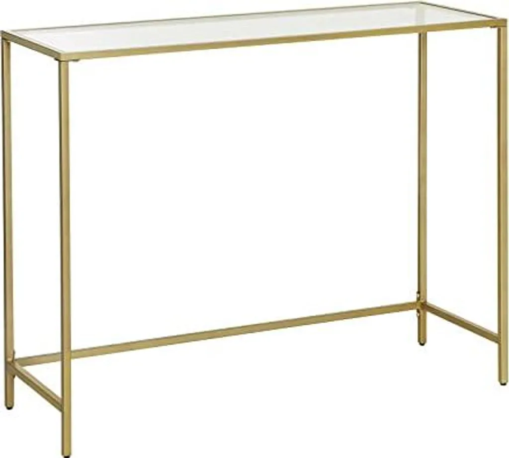 Table d'entrée dorée pour couloir étroit, plateau verre et pieds fixes
