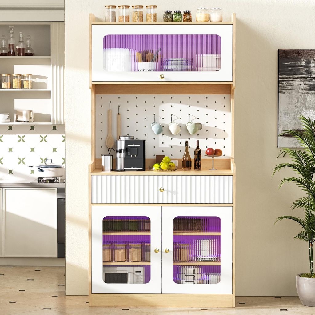 Merax Küchenschrank mit Schubladen und 3 Glastür, Hochschrank mit LED-Beleuchtung, Glastürvitrine Ideal für Esszimmer, Wohnzimmer und Küche, N...