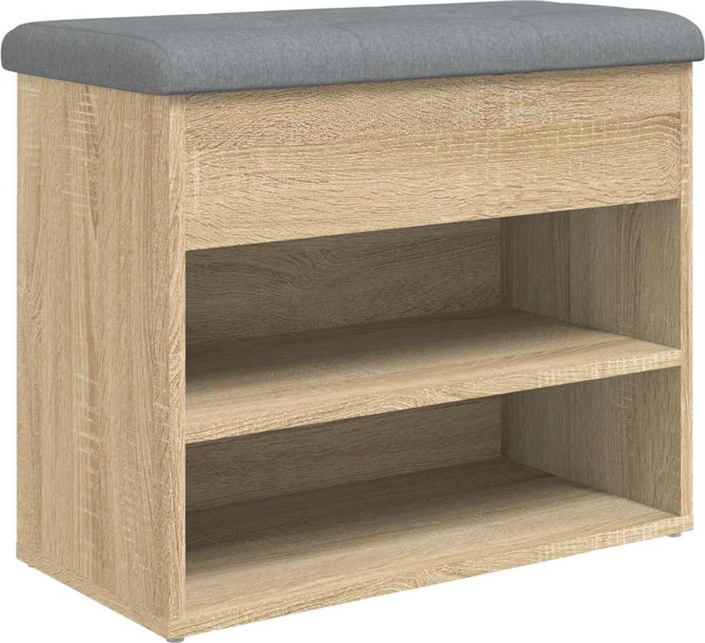 A shoe bench with storage shelves and a padded top.