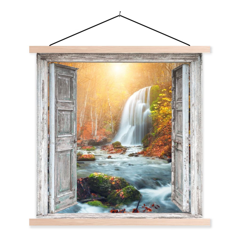 MuchoWow Textilposter Wasserfall - Aussicht - Landschaft 60x60 cm mit holzfarbenen Rahmen - Wanddekoration
