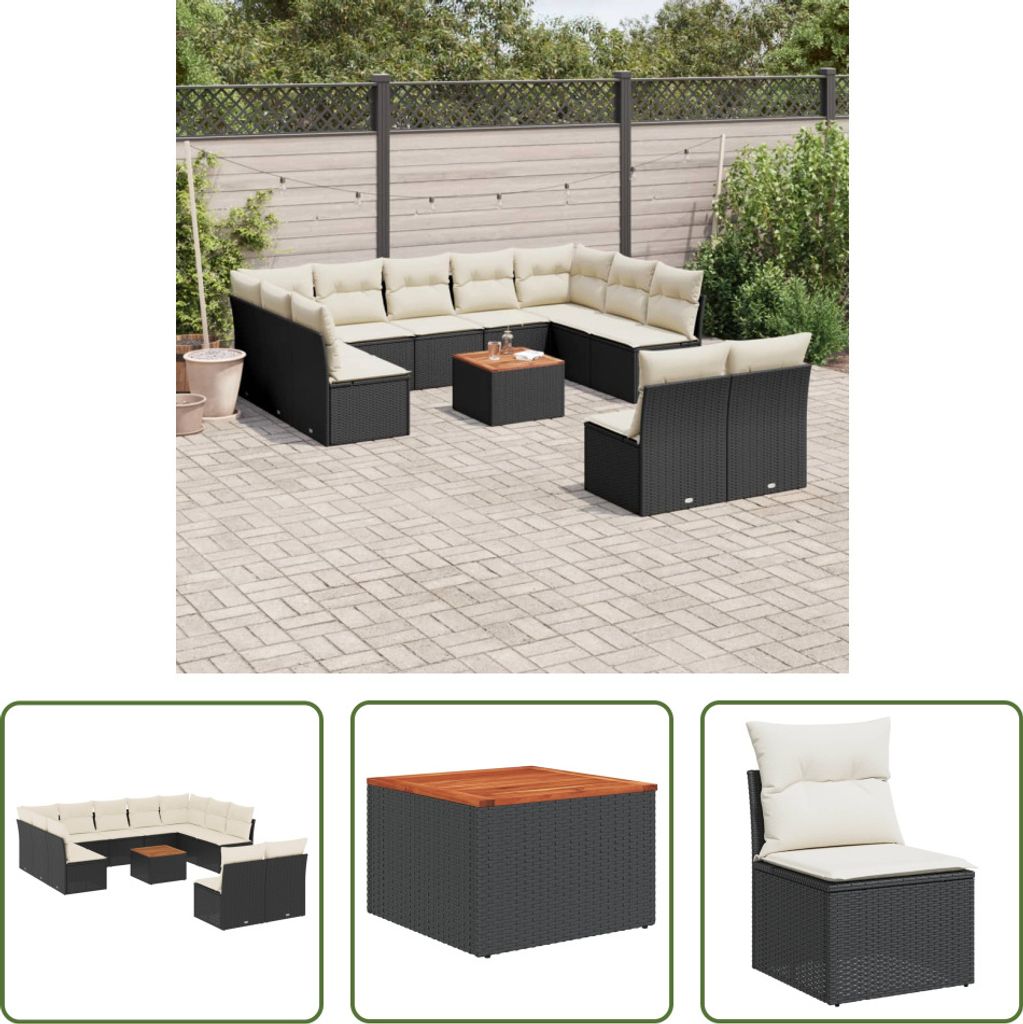 The Living Store 12-tlg. Garten-Sofagarnitur mit Kissen Schwarz Poly Rattan